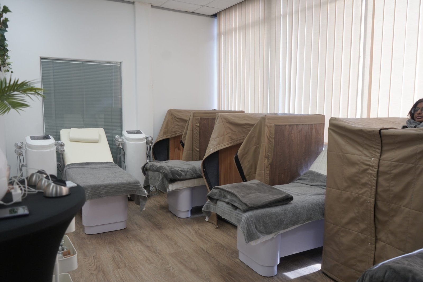 Infrared sauna pods and treatment room at Kenda Slimming Centre, Oldham