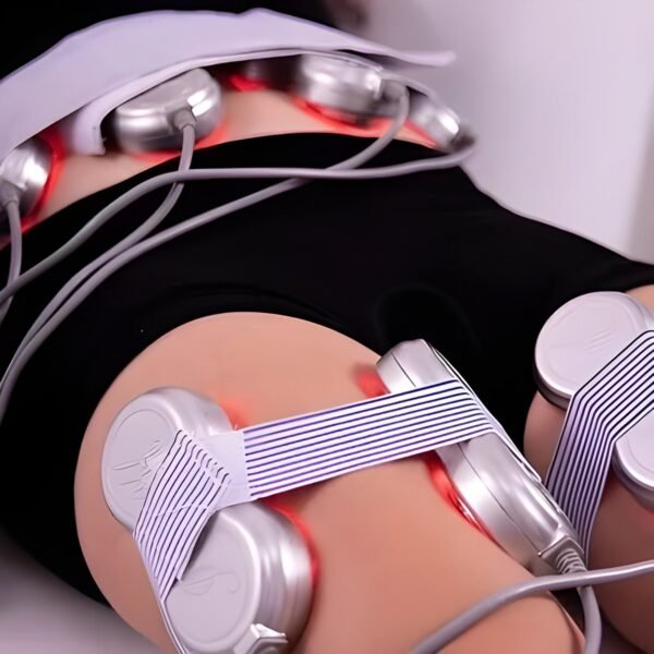 Trained therapist applying EMS electric muscle stimulation unit to client's abdomen at Kenda Slimming Centre Oldham