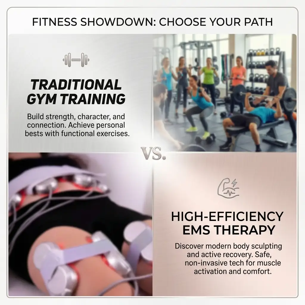 Infographic comparing EMS machine and gym training for muscle growth and fat loss — Kenda Slimming Centre Oldham