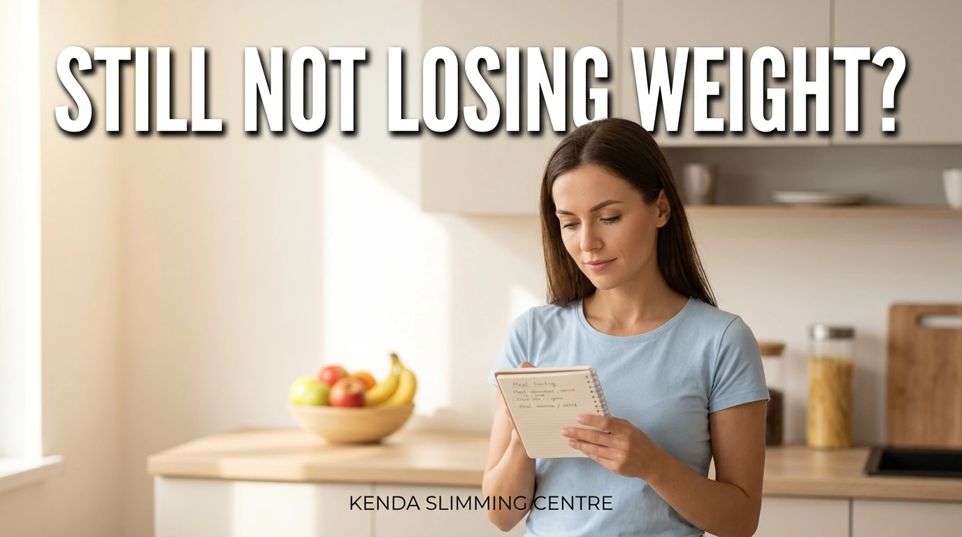 Woman reviewing her weight loss progress with text "Still Not Losing Weight?" — Kenda Slimming Centre