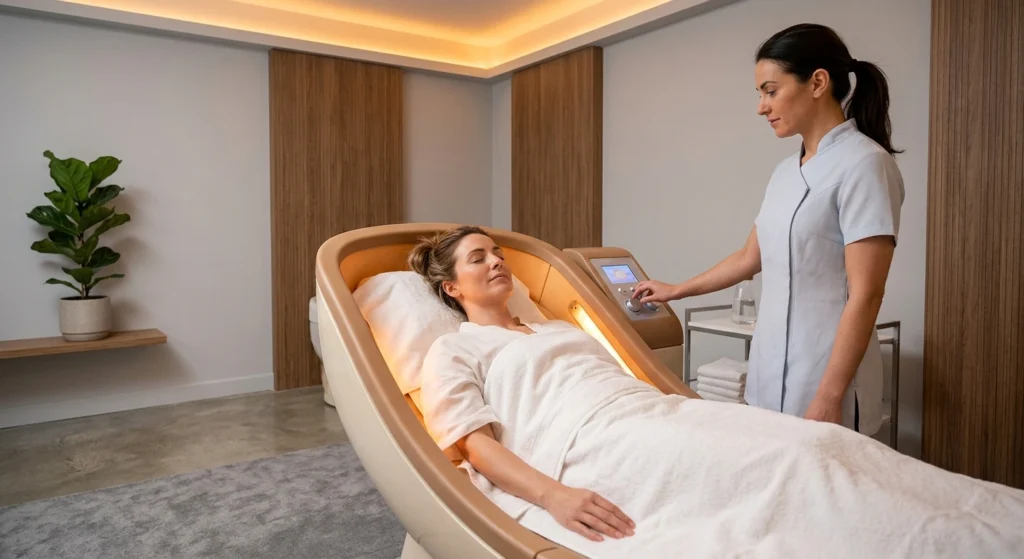 Client receiving non-invasive infrared slimming treatment at Kenda Slimming Centre, Oldham