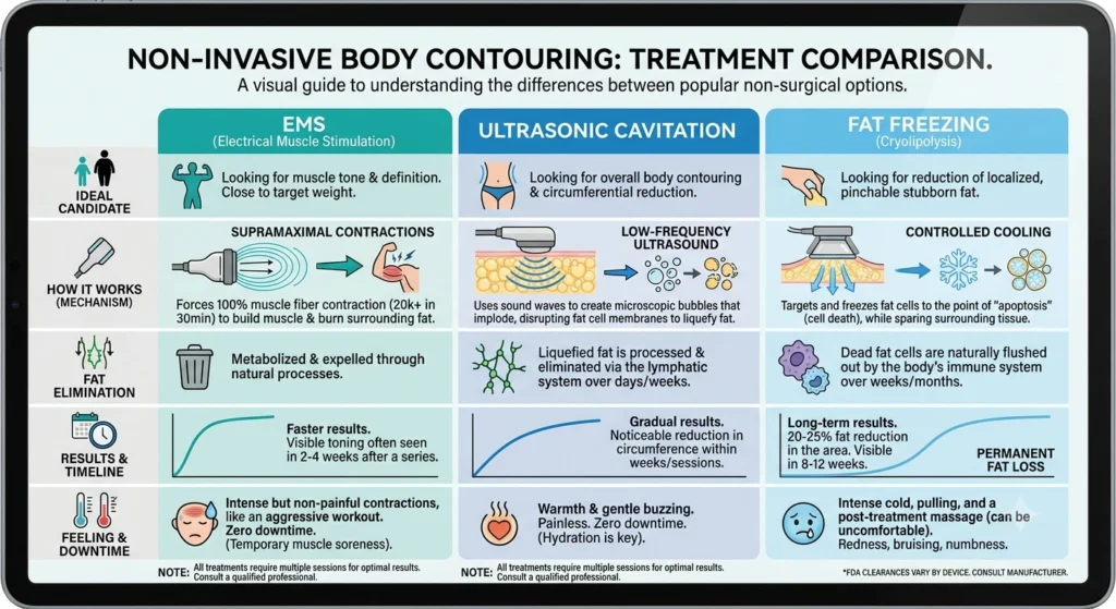 Comparison of EMS training, ultrasonic cavitation and fat freezing treatments
