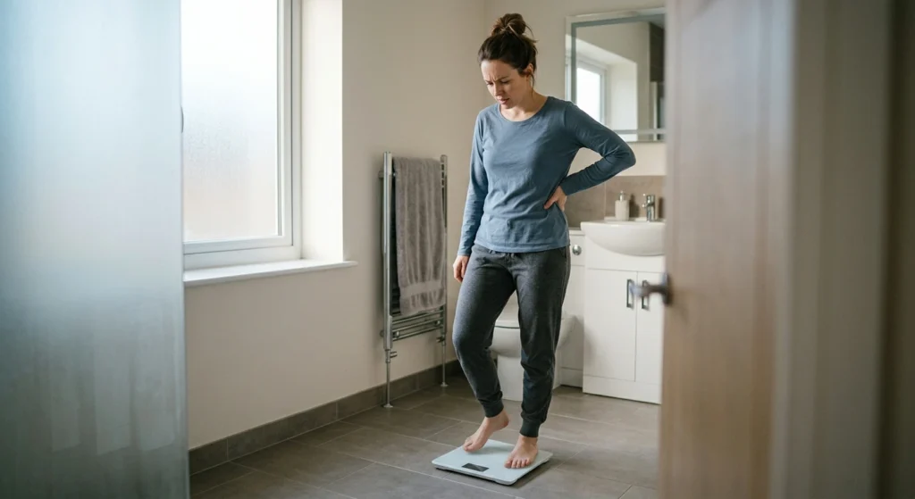Frustrated woman checking a bathroom scale, wondering why she is not losing weight in a calorie deficit | Why Am I Not Losing Weight in a Calorie Deficit