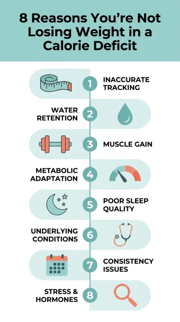 Infographic showing 8 reasons for not losing weight in a calorie deficit, including tracking errors, water retention, and stress