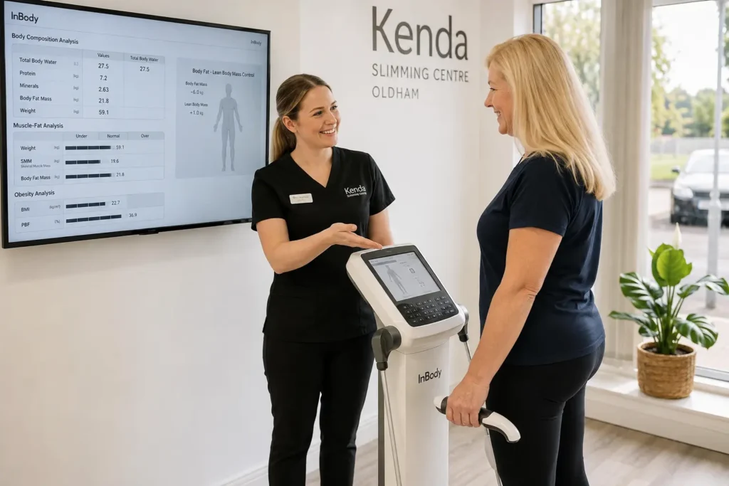 Consultant guiding a client through a weight loss program in Oldham using an InBody body composition scanner